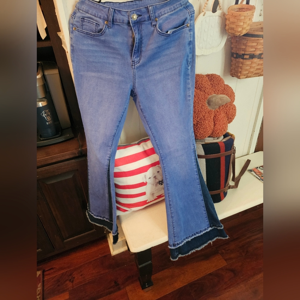 Women's Multi/Blue Flared Jeans, Distressed Hem Size 6
